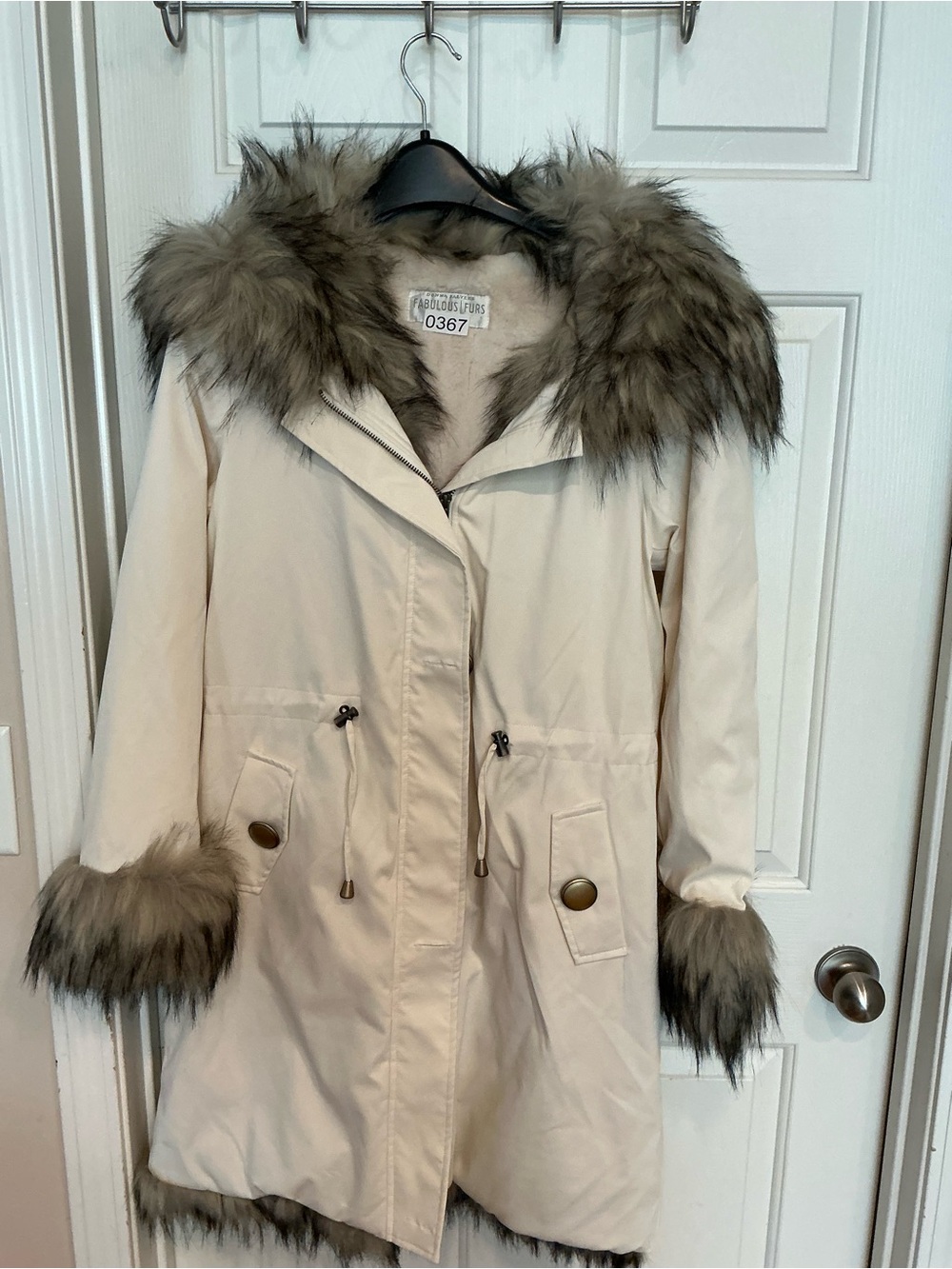 Fabulous Furs Cream Parka with Taupe Faux-Fur Trim